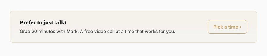 A banner on the contact page reading Prefer to just talk? Grab 20 minutes with Mark, with a Pick a time button.
