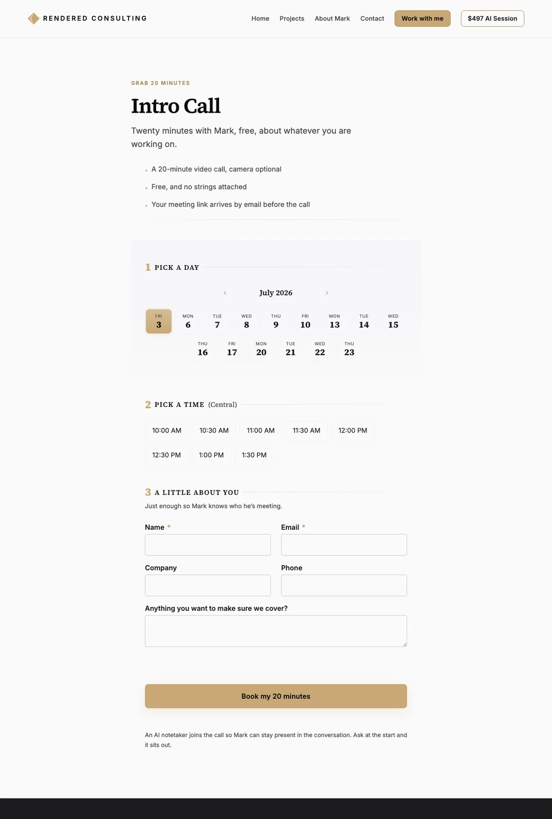 The Intro Call booking page on renderedconsulting.com: pick a day, pick a time, and a short form.